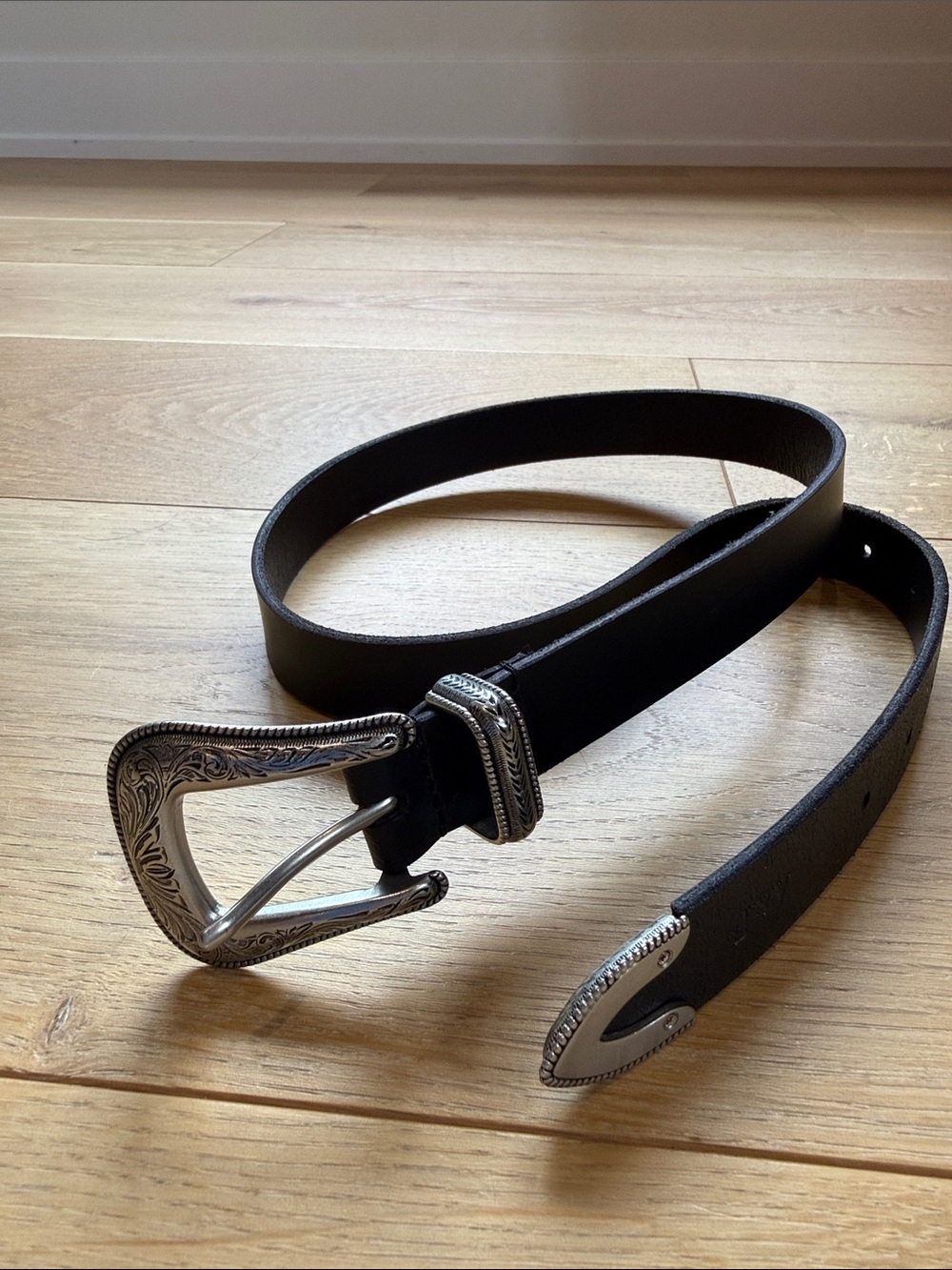 Black Western Leather Belt with Silver Engraved Buckle